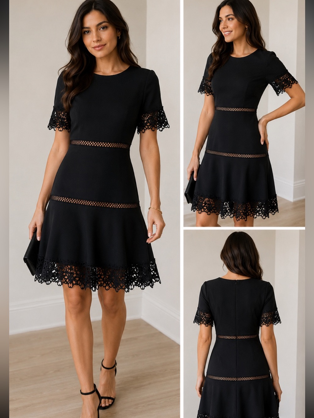SHANI black lace trim crepe fit flare dress  size 6 cocktail